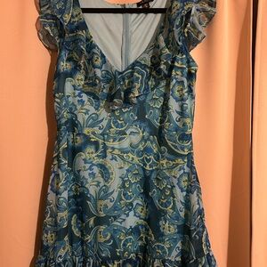 VENUS Blue and Gold Patterned Mini Dress